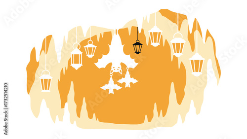 Lanterns and Birds: This image presents an artistic interpretation of traditional lanterns hanging in a cave-like structure. Delicate silhouettes of birds are also depicted.