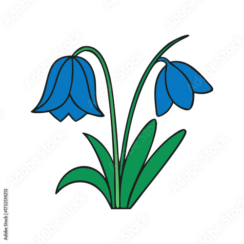 Stylized illustration of two blue bell shaped flowers with green leaves against a black background