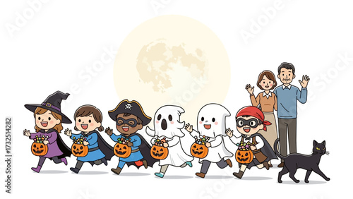 Halloween Fun: A delightful illustration of costumed children joyfully trick-or-treating under the silvery glow of the moon, with a backdrop of enthusiastic parents.