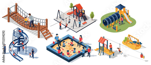 Isometric Illustration of Colorful Playground Equipment for Outdoor Activity Fun Place