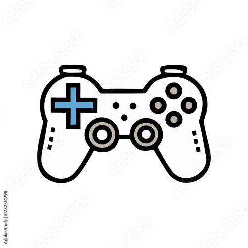 Modern white video game controller with blue directional pad and grey buttons on a black background