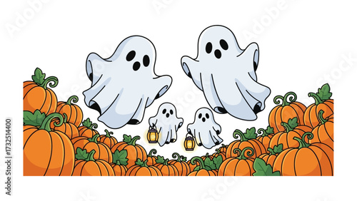 Halloween Ghosts in Pumpkin Patch: An enchanting Halloween scene where friendly ghosts float joyfully above a vibrant pumpkin patch. Perfect for evoking the spirit of fall and Halloween.