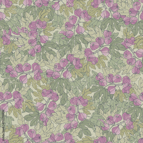 Seamless repeating pattern imitates an intricate tapestry showcasing nature's beauty with picturesque fig branches with large leaves and ripe fruits in rich, earthy color palettes with Layered details