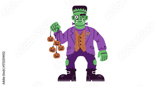 Frankenstein's Halloween Delight: A cartoon Frankenstein character, embodying the spirit of Halloween, cheerfully displays a handful of decorative pumpkins, against an isolated background.