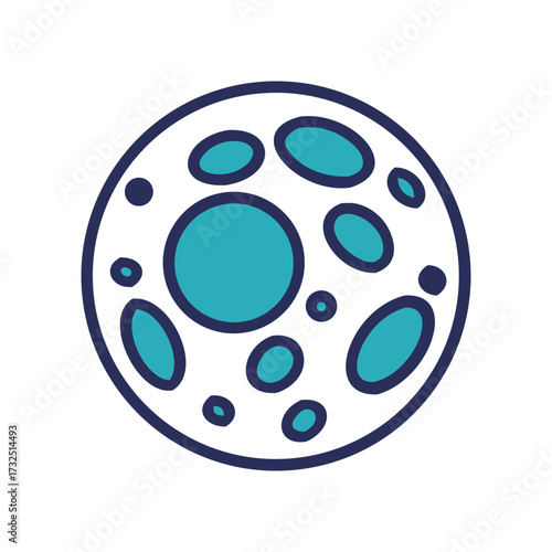 Whimsical cartoon moon with teal craters and dark blue outline on a black background