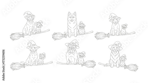 Witchy Pups Adventure: A charming illustrated tableau of adorable canine companions, each sporting a whimsical witch hat and perched atop a broomstick, ready for a spellbinding Halloween flight. 