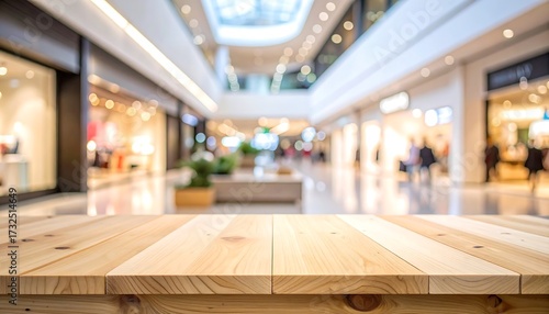Wallpaper Mural Empty wooden table in front of a blurred shopping mall interior with shops and lights Torontodigital.ca