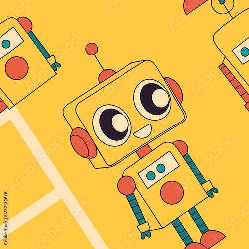 Cheerful yellow robot pattern brings a vibrant, playful touch to children's designs, adding a spark of joy and creativity to any project