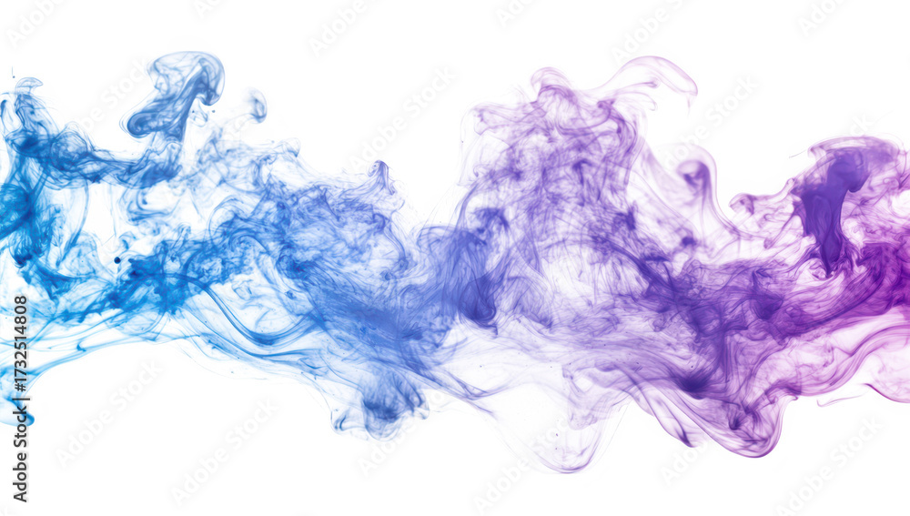 Fototapeta premium A swirl of blue and purple smoke gracefully intertwines against a clean white background. creating an ethereal effect. perfect for artistic designs or abstract themes