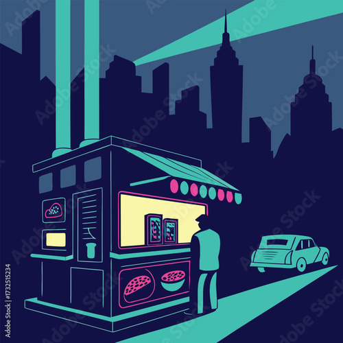 Late night diner vibes in a vibrant city, offering classic comfort food for hungry souls, creating a nostalgic and inviting scene under city lights