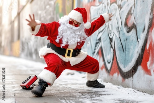 Festive santa dancing in urban graffiti alley with boombox and sneakers