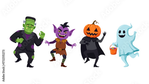 Halloween Costume Parade: A vibrant parade of iconic Halloween characters, with a festive Frankenstein, a mischievous goblin, a charming jack-o'-lantern.