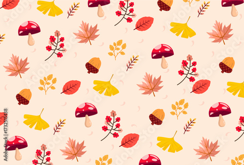 Seamless autumn pattern with mushrooms, acorns, and fall leaves.  Minimal modern style fall season pattern for wrapping, decoration, textile design, decoration, wallpaper, foliage, print, banner.