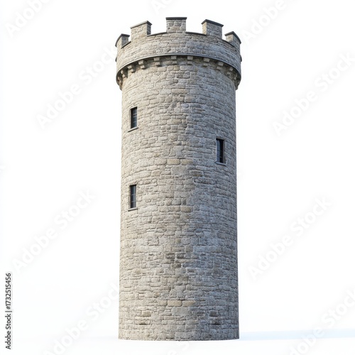 Stone Tower with Round Structure and Turret on Top in White Background