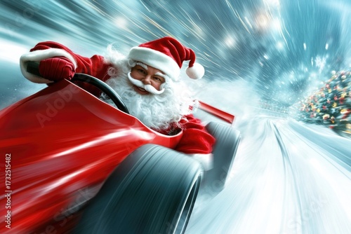 Santa claus zooming in a red race car with christmas lights in the background