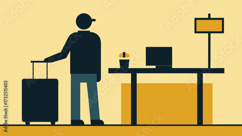 Traveler Checking In at Hotel Reception Desk with Suitcase Illustration