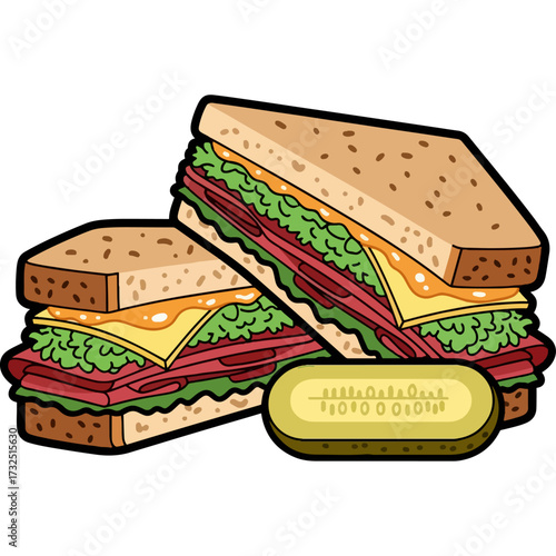 A classic deli sandwich piled high with pastrami, cheese, and lettuce, served with pickles. This vector illustration is perfect for delicatessen menus, sandwich shop branding, or lunch-themed designs.