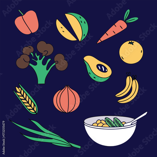 Healthy eating concept with vibrant fruits and vegetables, perfect for a modern kitchen or wellness blog, promoting fresh, organic ingredients and balanced nutrition