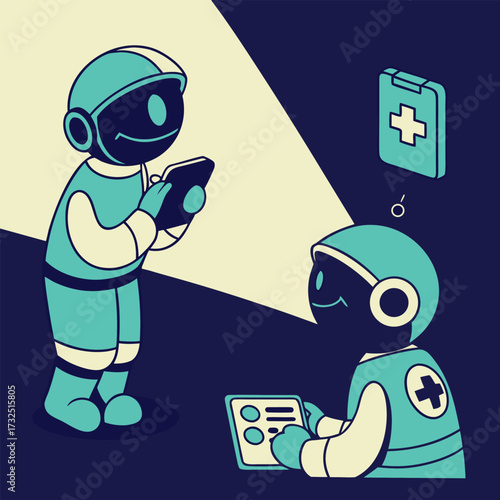 Innovative telemedicine with friendly robot doctors using tablets for remote patient care and digital healthcare solutions in a modern futuristic setting