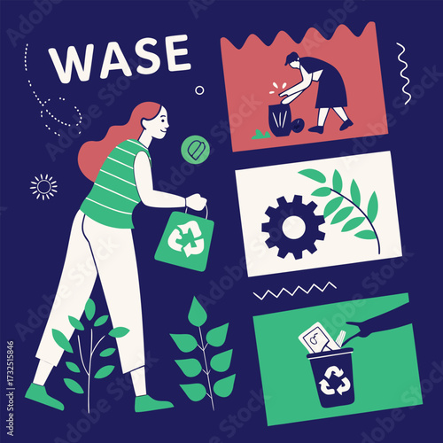 Promote environmental awareness with a stylish illustration of eco-friendly practices, showcasing recycling and reducing waste for a sustainable future