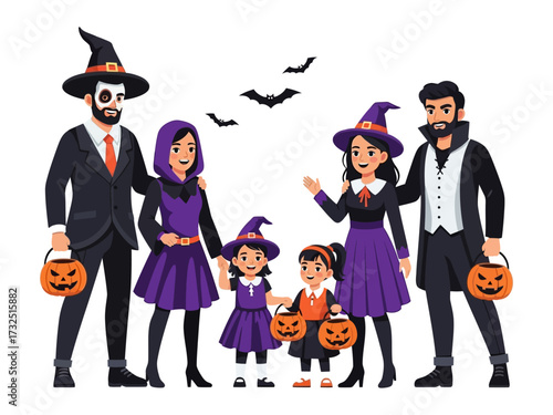 Halloween Family: The cartoon image depicts a cheerful family dressed in various Halloween costumes, holding pumpkin-shaped candy buckets with a lively and spooky atmosphere. 