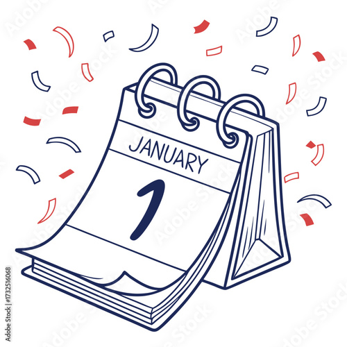 A festive illustration of a tear off desk calendar displaying january first with confetti falling around it celebrating the start of a new year