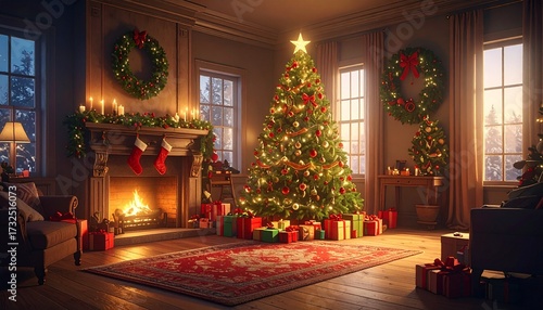 Wallpaper Mural un árbol de Navidad en un salón hogareño decorado con espíritu navideño. El árbol es frondoso, iluminado con luces cálidas y adornado con bolas rojas, doradas y plateadas. Torontodigital.ca