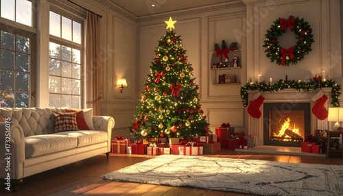 un árbol de Navidad en un salón hogareño decorado con espíritu navideño. El árbol es frondoso, iluminado con luces cálidas y adornado con bolas rojas, doradas y plateadas.