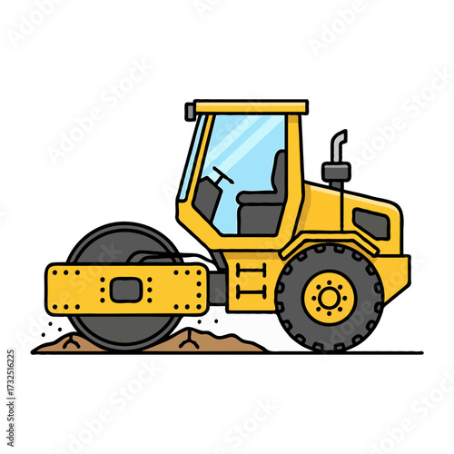 Vector illustration of a soil compactor used for road or asphalt construction, showing heavy machinery designed to compress and level surfaces