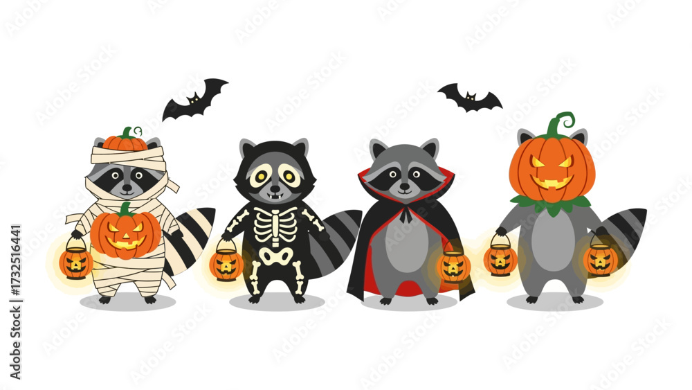 Obraz premium Halloween Raccons: A charming and festive illustration of four raccoons, each in a unique Halloween costume, complete with pumpkin lanterns and bats, brings a touch of spooky delight.