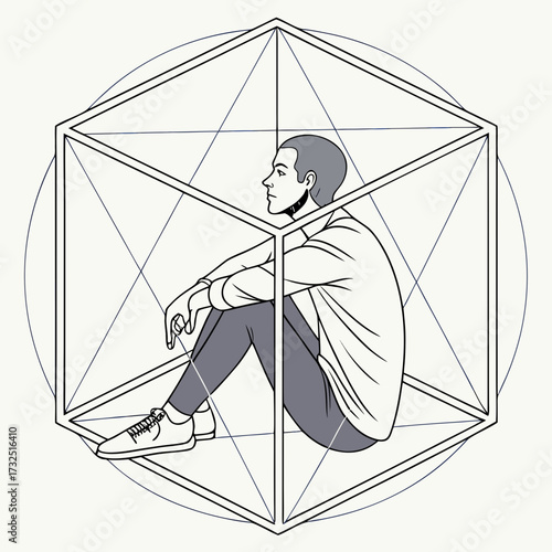 A young man sitting inside a geometric structure symbolizing confinement and contemplation of inner thoughts and emotions