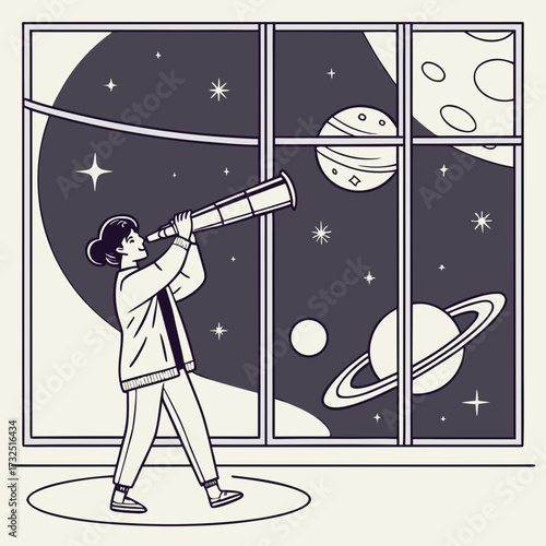 A young woman gazes through a telescope at the vast expanse of the cosmos observing planets and stars from her window symbolizing curiosity and the wonder of space exploration