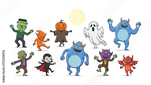 Spooky Specter Squad: A charming collection of colorful Halloween monster figures. Dancing happily in front of a yellow moon, creating a fun and festive feel.