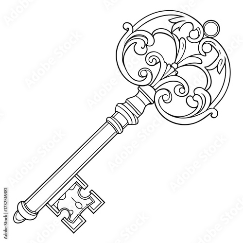 An ornate antique skeleton key with intricate scrollwork and decorative elements presented as a clean black and white line art illustration on a white background