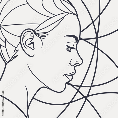 Elegant minimalist line art drawing of a woman s profile with flowing abstract geometric lines and curves creating a modern and sophisticated artistic representation