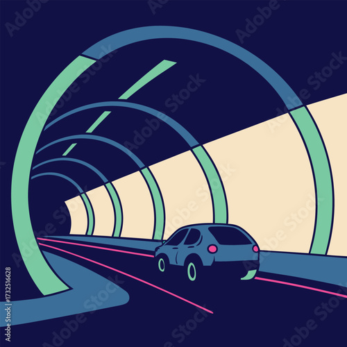 Journeying through vibrant tunnels, a car navigates illuminated pathways towards a brighter future, symbolizing progress and discovery.