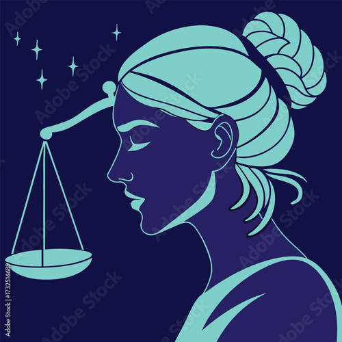 Elegant Libra zodiac symbol woman with scales, representing balance, justice, and harmony under starry night sky