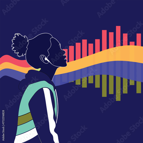 Vibrant young person immerses in dynamic soundscape, feeling the rhythm of digital music and modern life