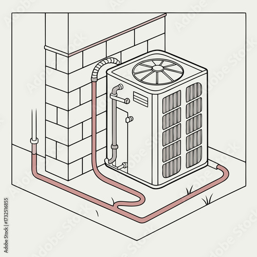 Isometric illustration of an air conditioner unit connected to a brick wall with copper refrigerant lines and electrical conduit showing the installation process and components