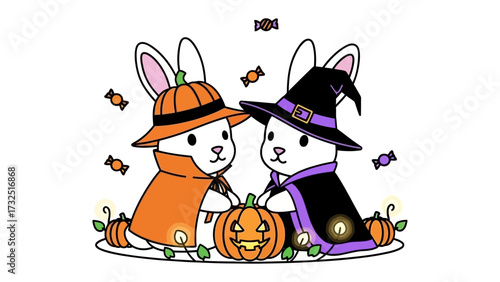 Halloween Bunnies' Festive Gathering: Two adorable cartoon bunnies, dressed in Halloween attire, stand side by side, surrounded by carved pumpkins and candy in a playful illustration. 