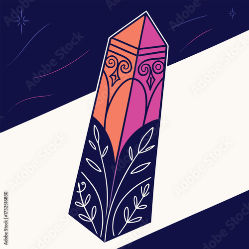 Vibrant abstract crystal design with celestial accents and botanical motifs, evoking modern spiritual and wellness themes