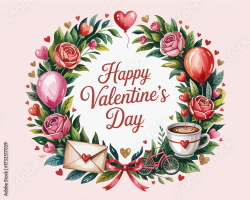 A beautiful Valentine's Day wreath featuring flowers, hearts, a coffee cup, and balloons, perfect for celebrating love and affection during this special season.
