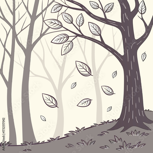 Stylized illustration of a forest scene with bare trees and falling leaves in a muted color palette evoking a sense of autumn