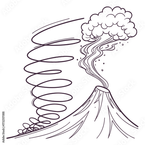 Stylized illustration of a volcano erupting with a swirling tornado or cyclone forming on the left side against a white background