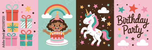 A delightful scene featuring an adorable child with a birthday cake, surrounded by gifts and cheerful colors, representing joy and excitement in a festive atmosphere.