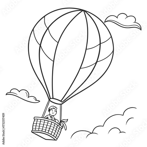 Whimsical black and white line art illustration of a happy cartoon person piloting a hot air balloon through fluffy clouds on a bright day