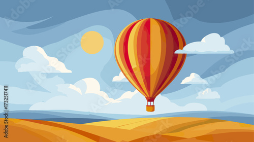 Hot air balloon over golden fields