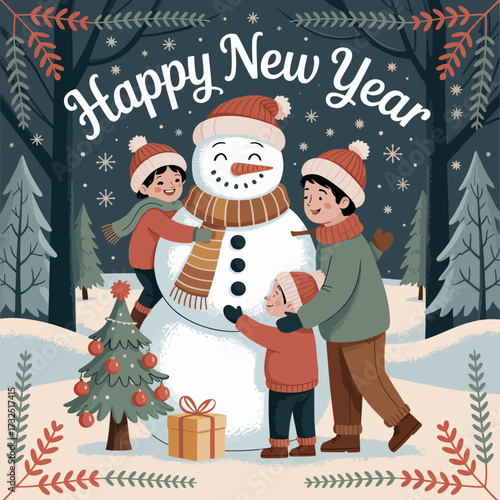A joyful family builds a snowman in a winter landscape, capturing the essence of a happy New Year celebration surrounded by snow-covered trees and festive decorations.