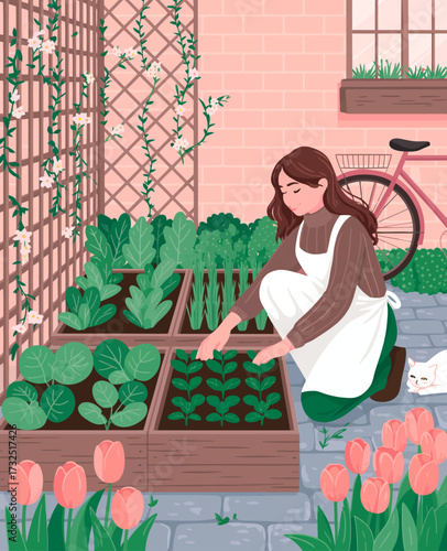 A woman in an apron tending to her vibrant garden, showcasing her dedication to nurturing fresh vegetables and flowers, surrounded by a peaceful outdoor environment.