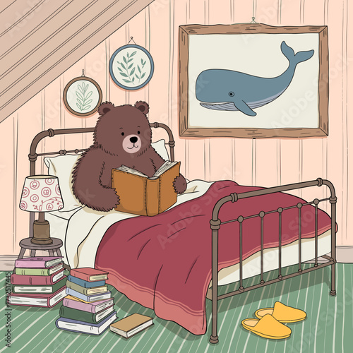 This charming illustration features a bear cozying up in bed with a book, creating a warm and inviting atmosphere of relaxation and comfort in a delightful bedroom environment.